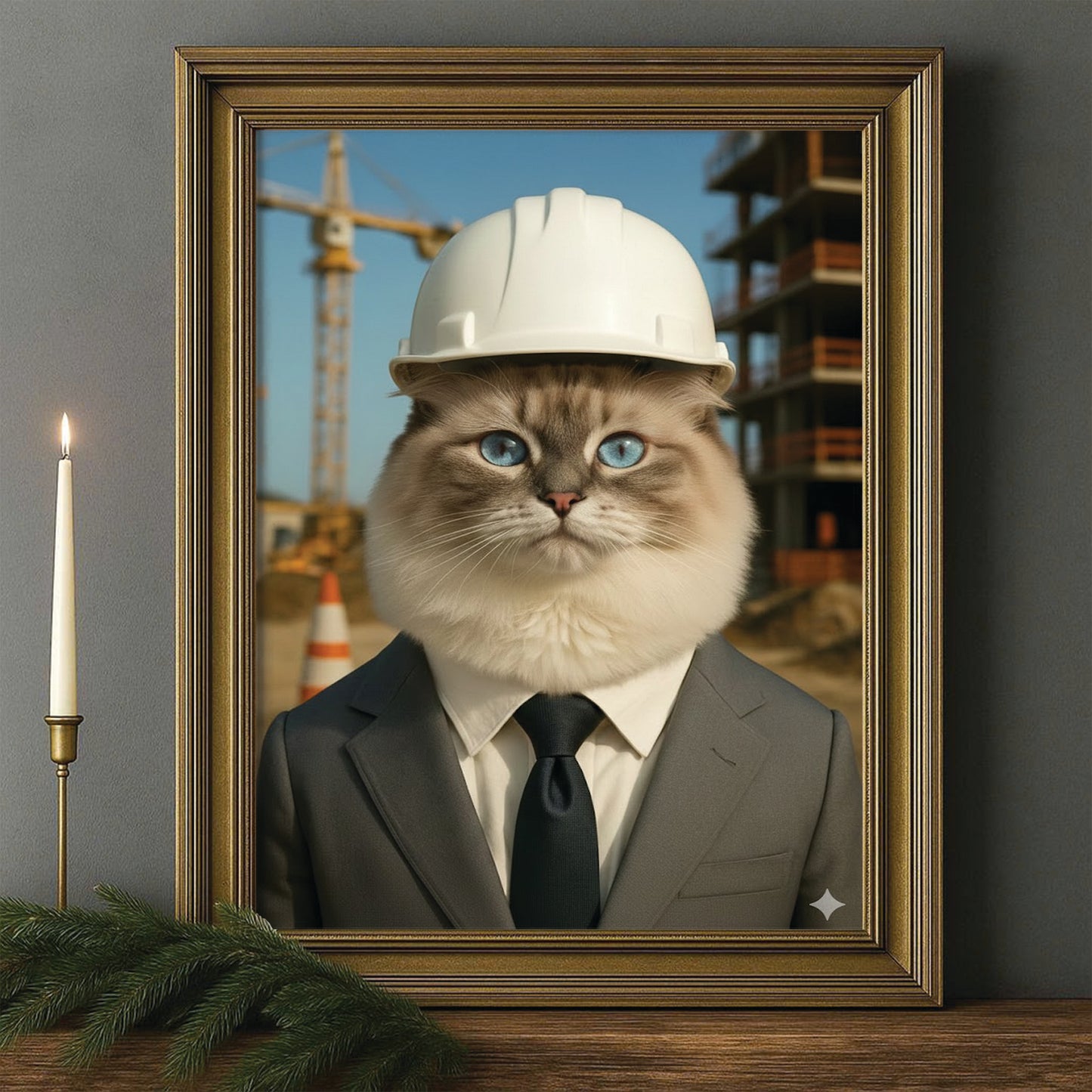 Custom Photo Engineer Construction Cat Canvas Framed Wall Art  Gift For Cat Lovers