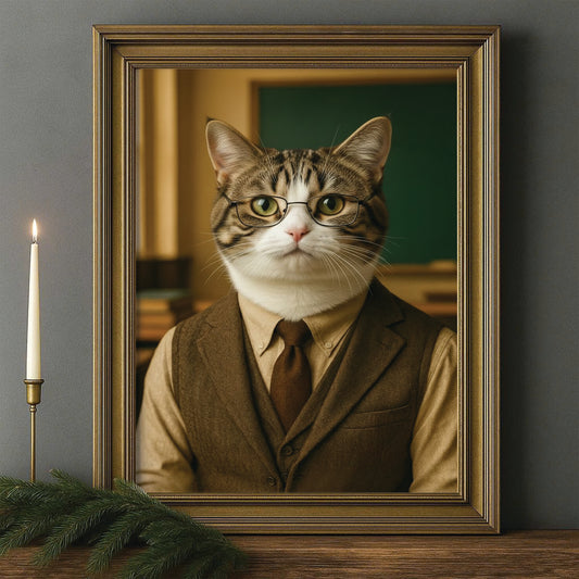 Custom Photo Professor Teacher Cat Canvas Framed Wall Art  Gift For Cat Lovers