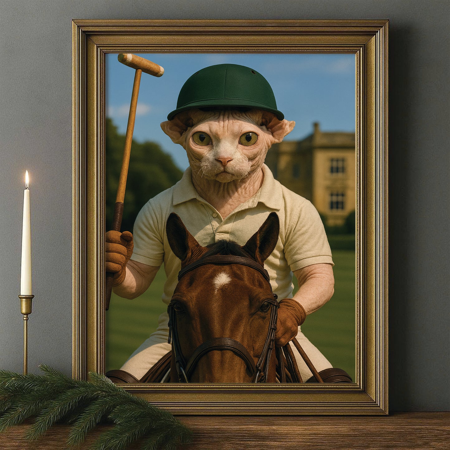 Custom Photo Polo Sport Cat Canvas Framed Wall Art Gift For Cat Lovers