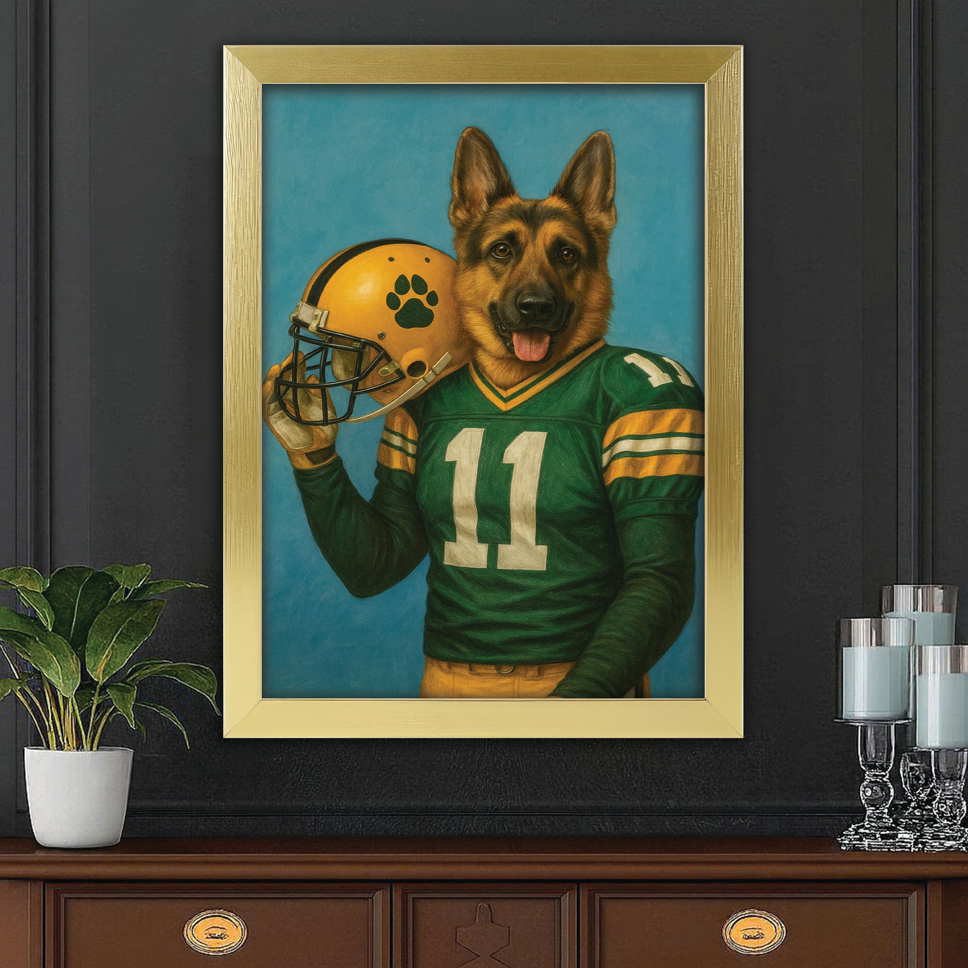 Custom Dog Photo Football Player Canvas Framed Wall Art