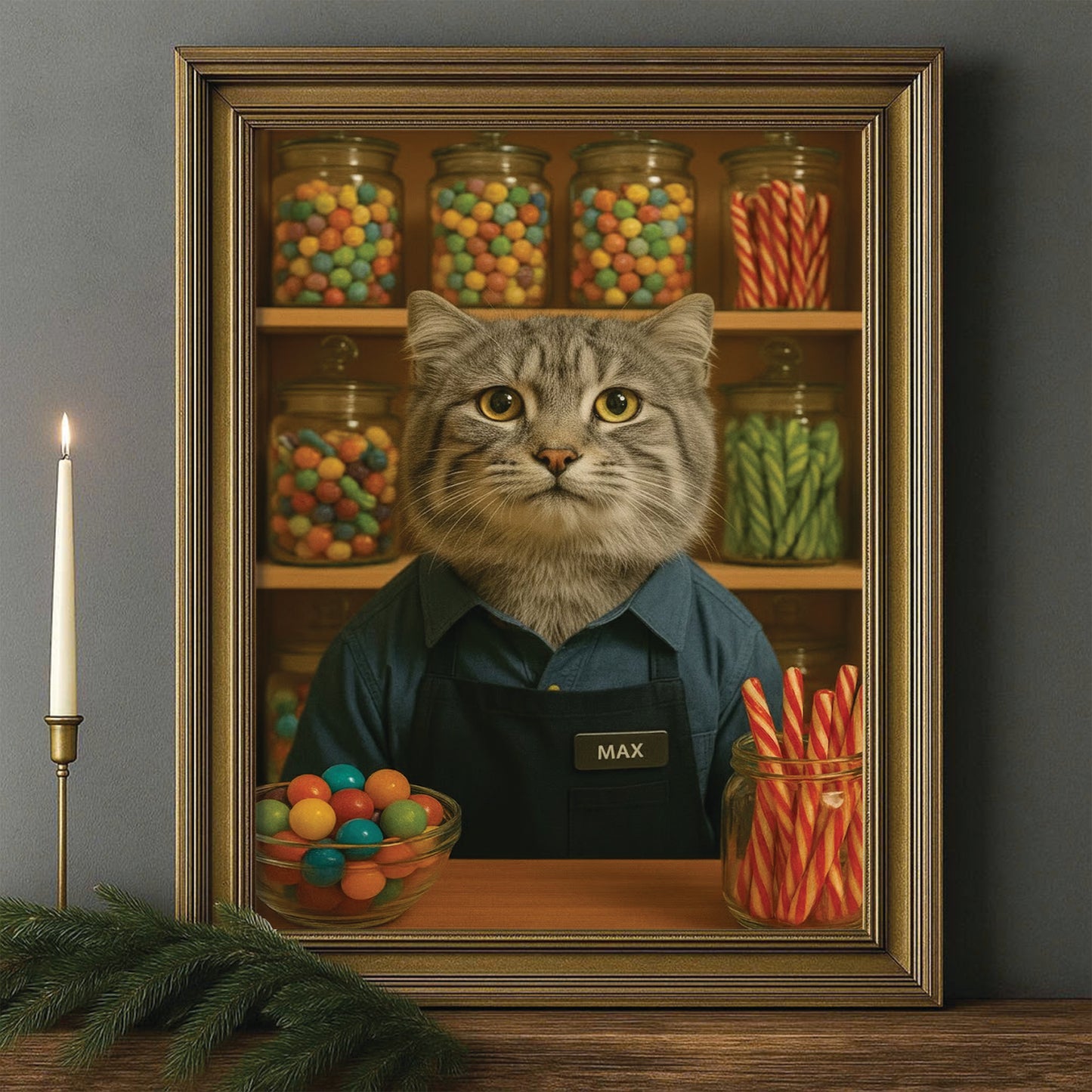 Custom Photo Candy Shop Cat Canvas Framed Wall Art Gift For Cat Lovers