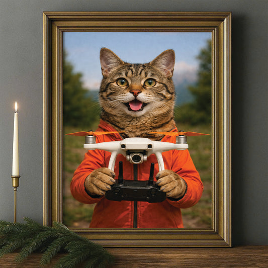 Custom Photo Drone Pilot Cat Canvas Framed Wall Art  Gift For Cat Lovers