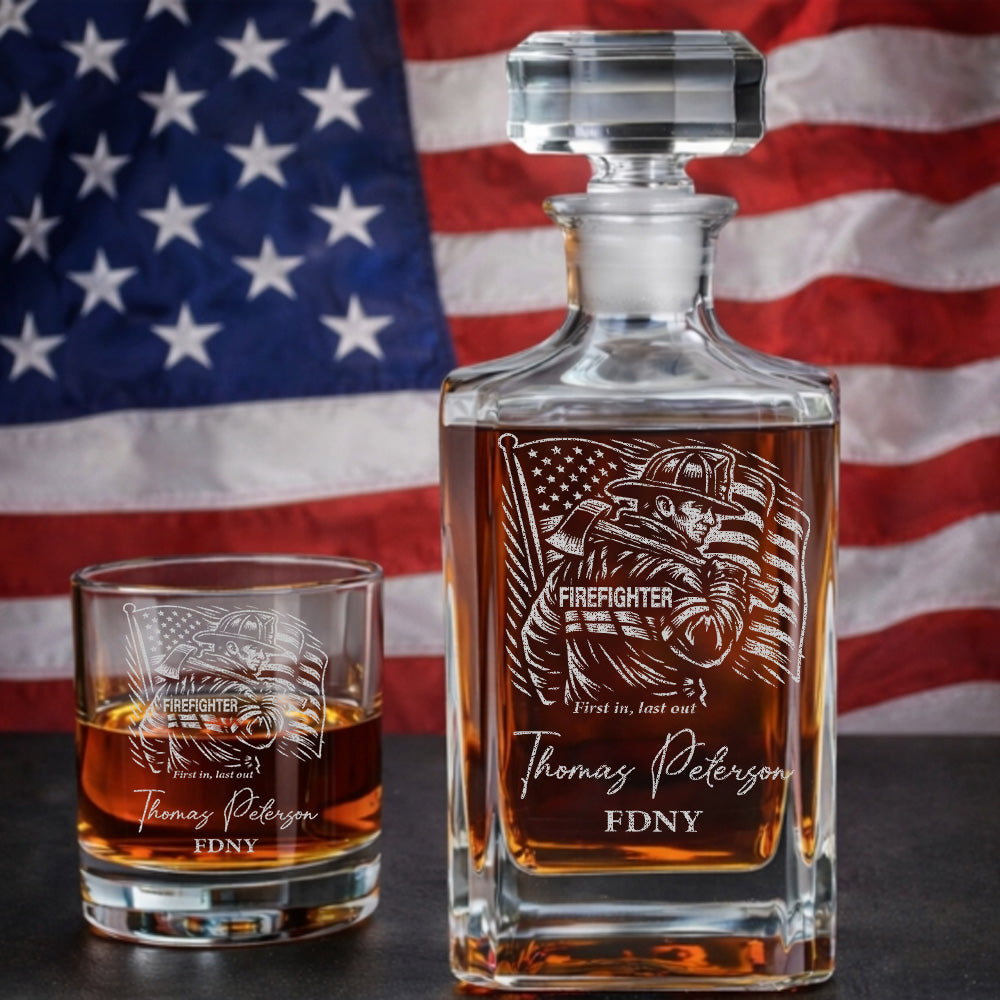 Custom Firefighter Decanter & Whiskey Glass Set, Engraved Name Gift for Firefighters