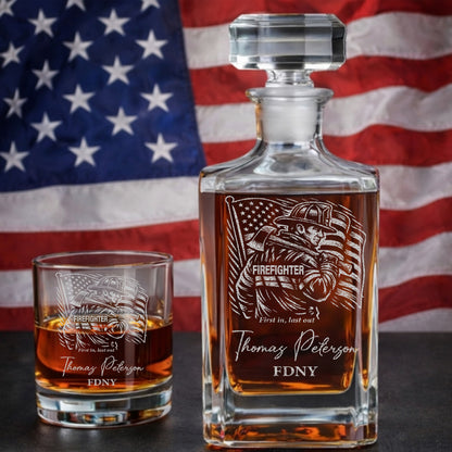 Custom Firefighter Decanter & Whiskey Glass Set, Engraved Name Gift for Firefighters