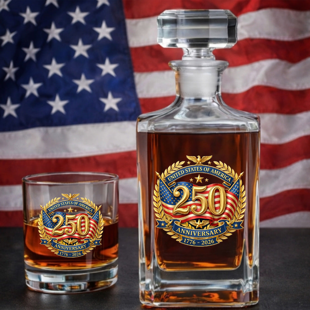 250 Years USA Whiskey Decanter Set 1776-2026, Patriotic Independence Day Gift THUC99