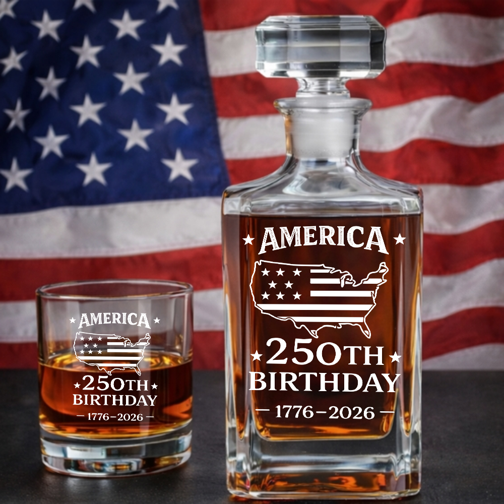 America 250th Birthday Engraved Whiskey Decanter Set, Patriotic USA Map Gift 1776–2026 THUC99