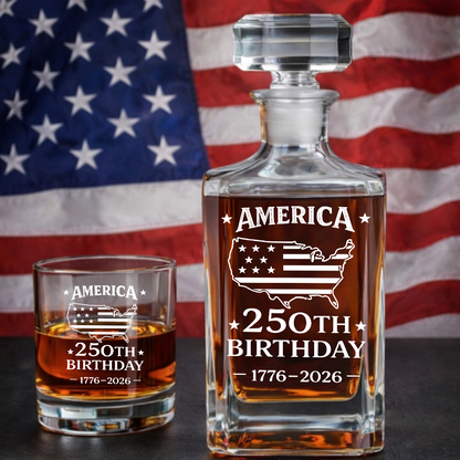 America 250th Birthday Engraved Whiskey Decanter Set, Patriotic USA Map Gift 1776–2026 THUC99