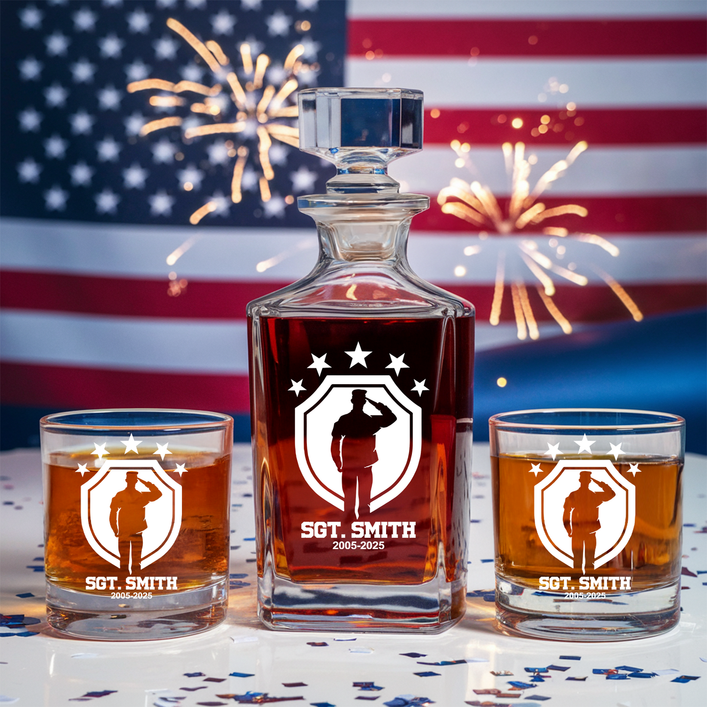 Personalized Army Retirement Whiskey Decanter Set, Custom Engraved Whiskey Glass, Military Veteran Gift, Gift For Independence Day TND090