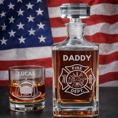 Firefighter Dad Whiskey Decanter Set, Personalized Name Glass Gift for Dad