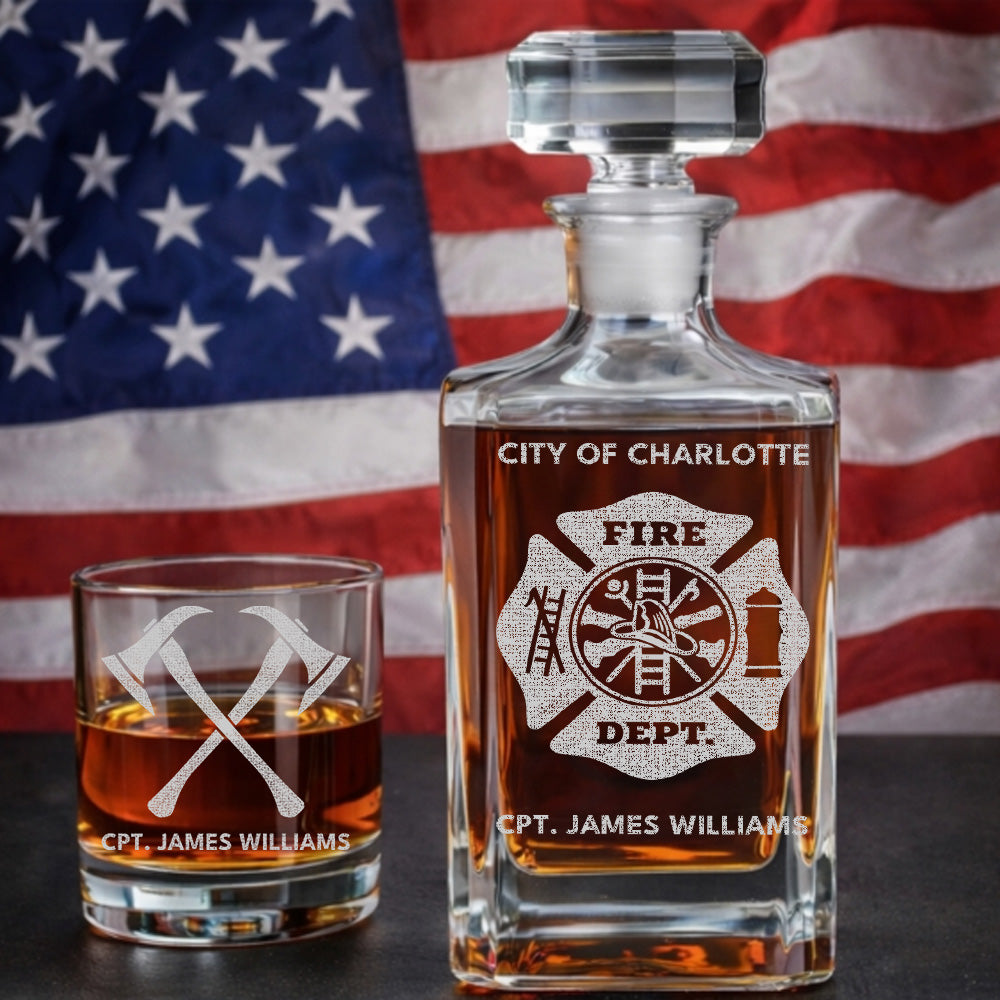 Custom Fire Department Whiskey Decanter Set, Engraved Name Firefighter Gift