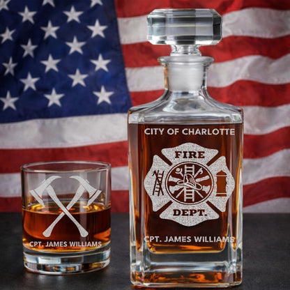 Custom Fire Department Whiskey Decanter Set, Engraved Name Firefighter Gift