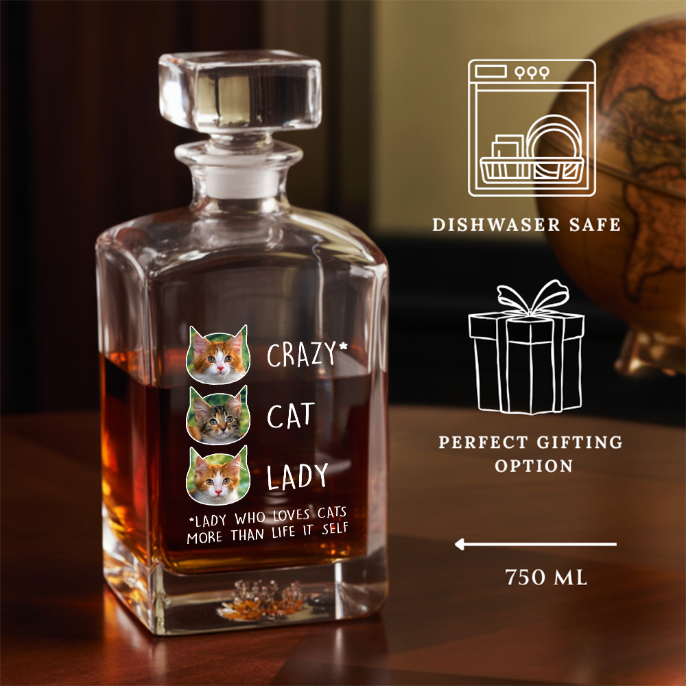 Custom Cat Photo Whiskey Glass And Decanter Set | Personalized Cat Photo Crazy Cat Lady | Gift For Cat Lover