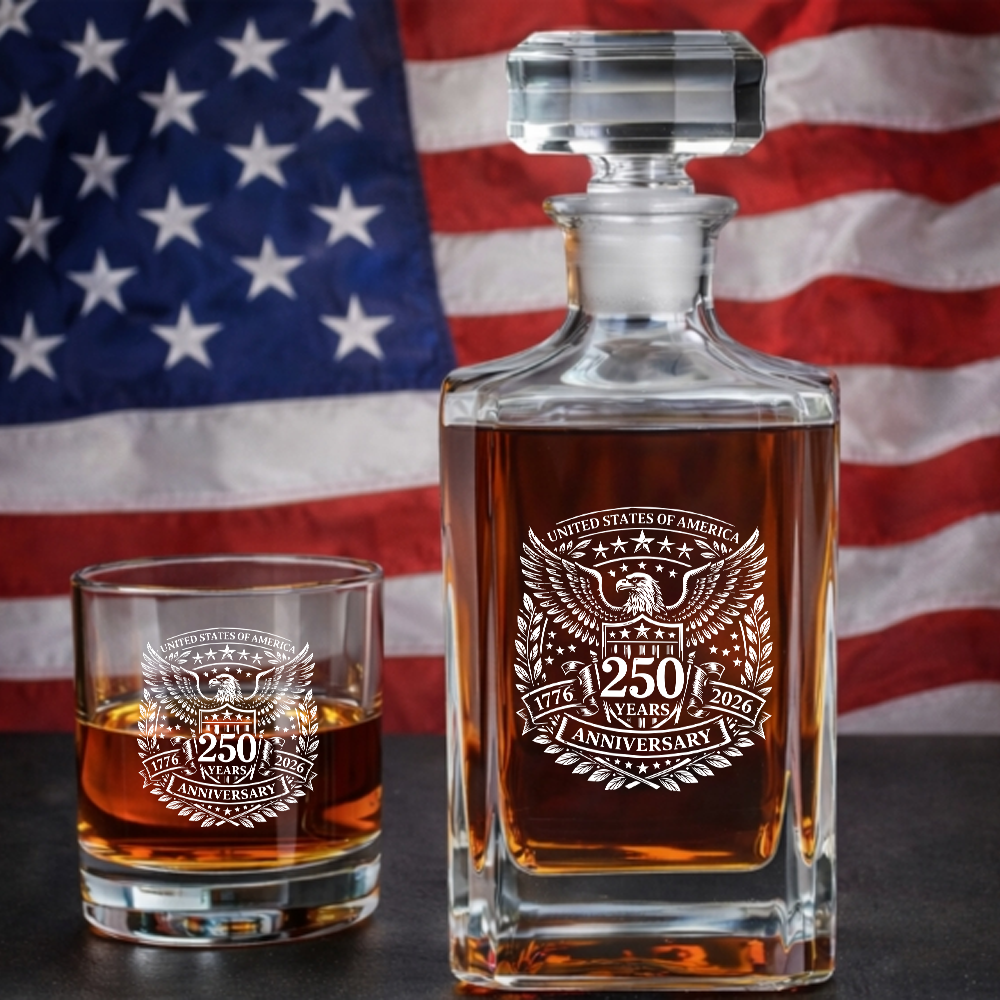 USA 250 Years Anniversary Engraved Whiskey Decanter Set, Patriotic Eagle Bourbon Glassware 1776–2026 THUC99