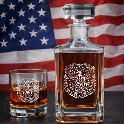 USA 250 Years Anniversary Engraved Whiskey Decanter Set, Patriotic Eagle Bourbon Glassware 1776–2026 THUC99