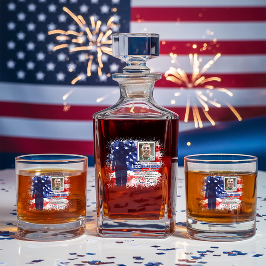 Custom Photo Memorial Military 4th of July Decanter With Whiskey Set, Military Soldier Gift, Patriotic Gift for Veterans, Gift For Independence Day, Veteran Whiskey Glass TND099