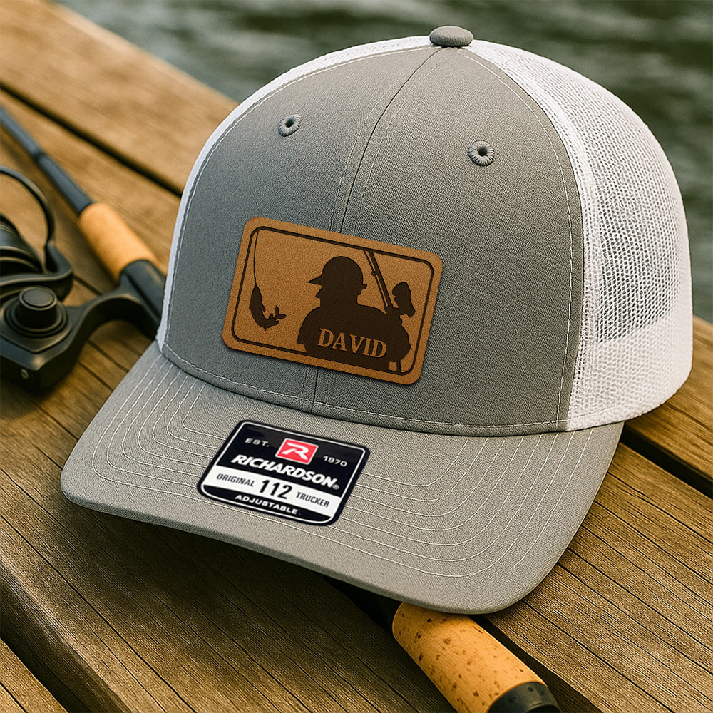 Custom Logo Fishing Leather Patch Hat – Perfect Gift for Fisherman, Dad, or Grandpa THUC99MF01