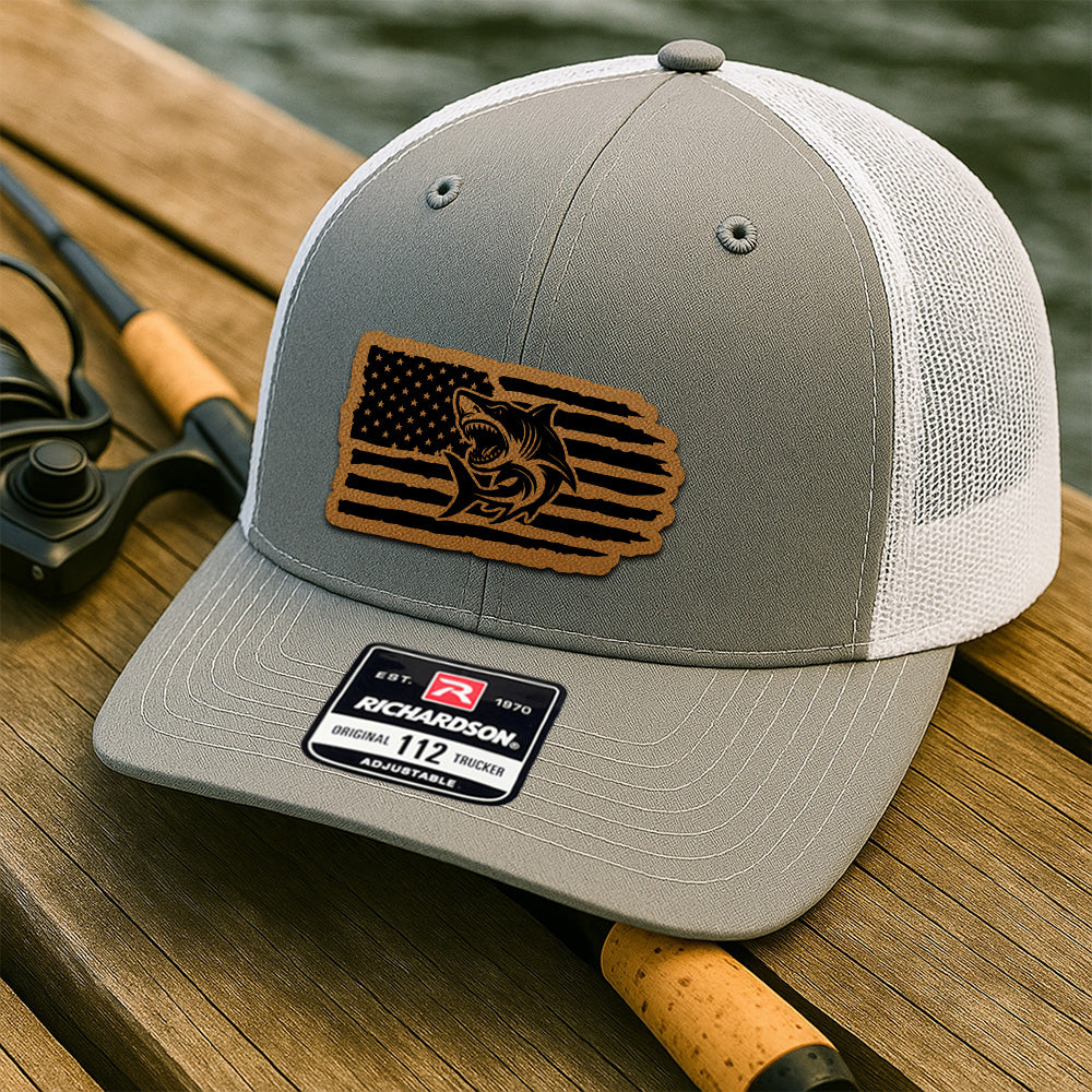 Personalized Fishing Leather Patch Trucker – American Flag Edition – Gift for Fishman THUC99MF03