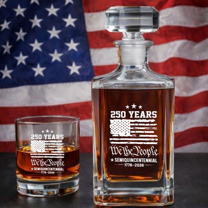 We The People 250 Years Engraved Whiskey Decanter Set, Patriotic USA Flag Bourbon Gift 1776–2026 THUC99