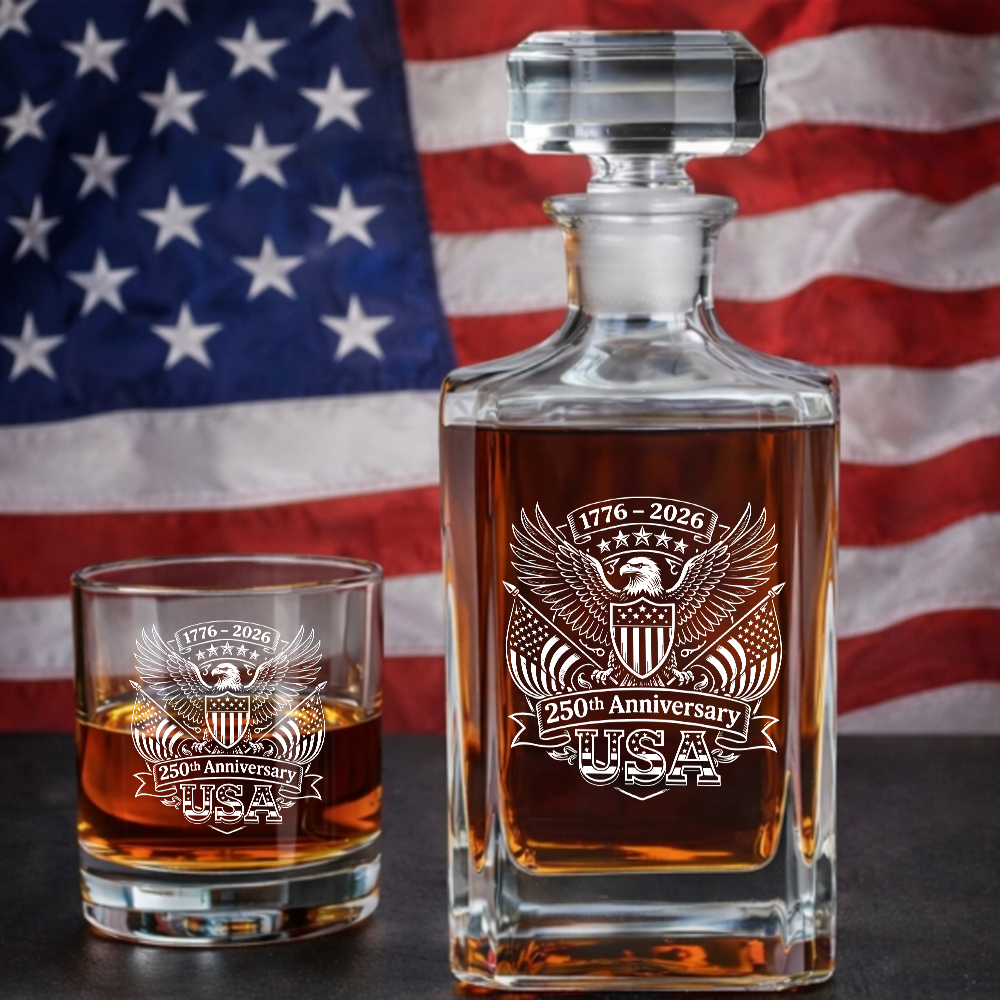 America 1776–2026 250 Years Engraved Whiskey Decanter Set, Patriotic Eagle Bourbon Gift THUC99