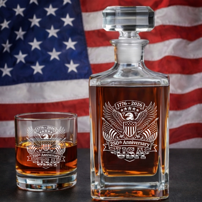 America 1776–2026 250 Years Engraved Whiskey Decanter Set, Patriotic Eagle Bourbon Gift THUC99
