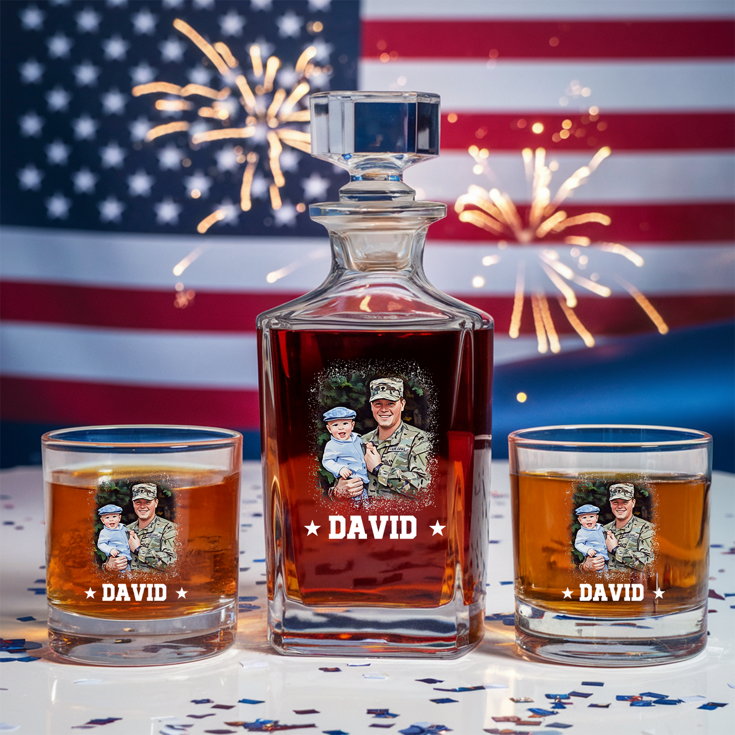 Personalized Photo Veterans Military Decanter With Whiskey Glass | Military Soldier Gift | Patriotic Gift for Veterans