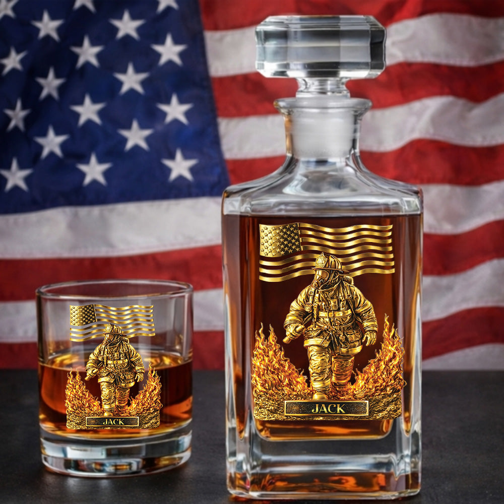 Personalized Firefighter Decanter Set – Gold Fireman & American Flag Custom Whiskey Gift