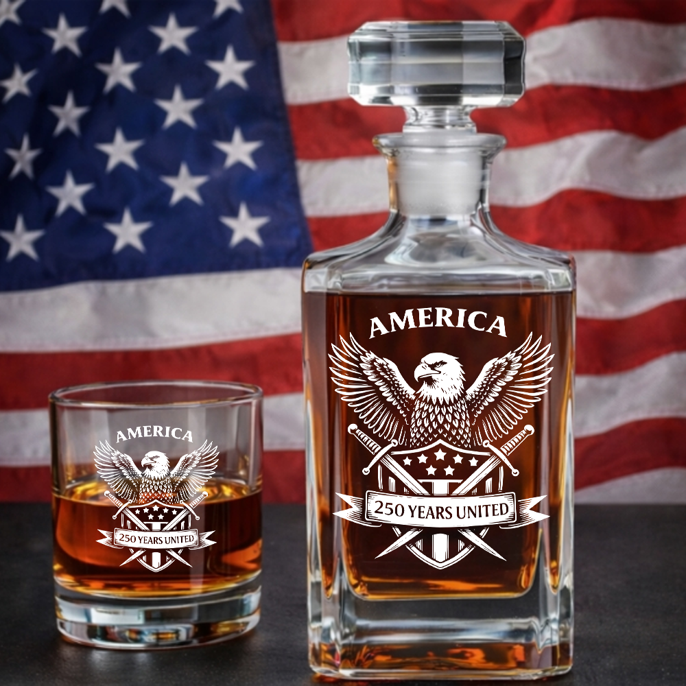 America 250 Years United Engraved Whiskey Decanter Set, Patriotic Eagle Bourbon Gift 1776–2026 THUC99