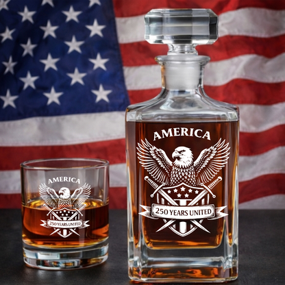 America 250 Years United Engraved Whiskey Decanter Set, Patriotic Eagle Bourbon Gift 1776–2026 THUC99