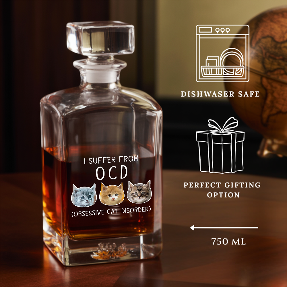 Custom Cat Photo I Suffer From Obsessive Cat Disorder Whiskey Glass And Decanter Set | Personalized Cat Photo | Pet Lover Gift