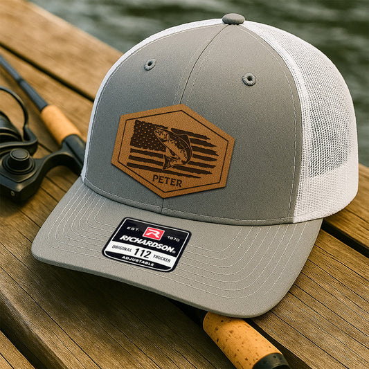 Custom Name Fishing Trucker Hat – Personalized Laether PatchGift for Fishermen, Dads THUC99MF03