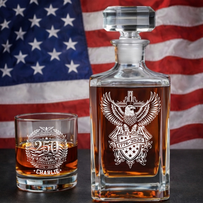 Personalized USA 250th Anniversary Engraved Whiskey Decanter Set, Patriotic Eagle Bourbon Gift 1776–2026 THUC99