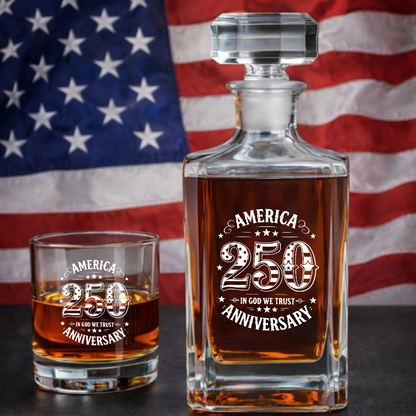 America 250 Years Anniversary Engraved Whiskey Decanter Set, Patriotic Bourbon Gift THUC99