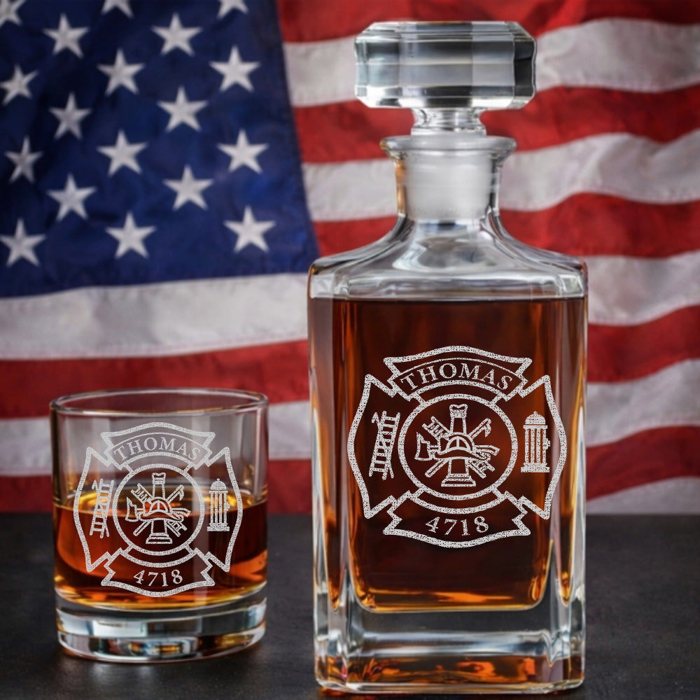 Personalized Firefighter Decanter Set – Custom Fire Dept Name & Number Engraved Whiskey Gift