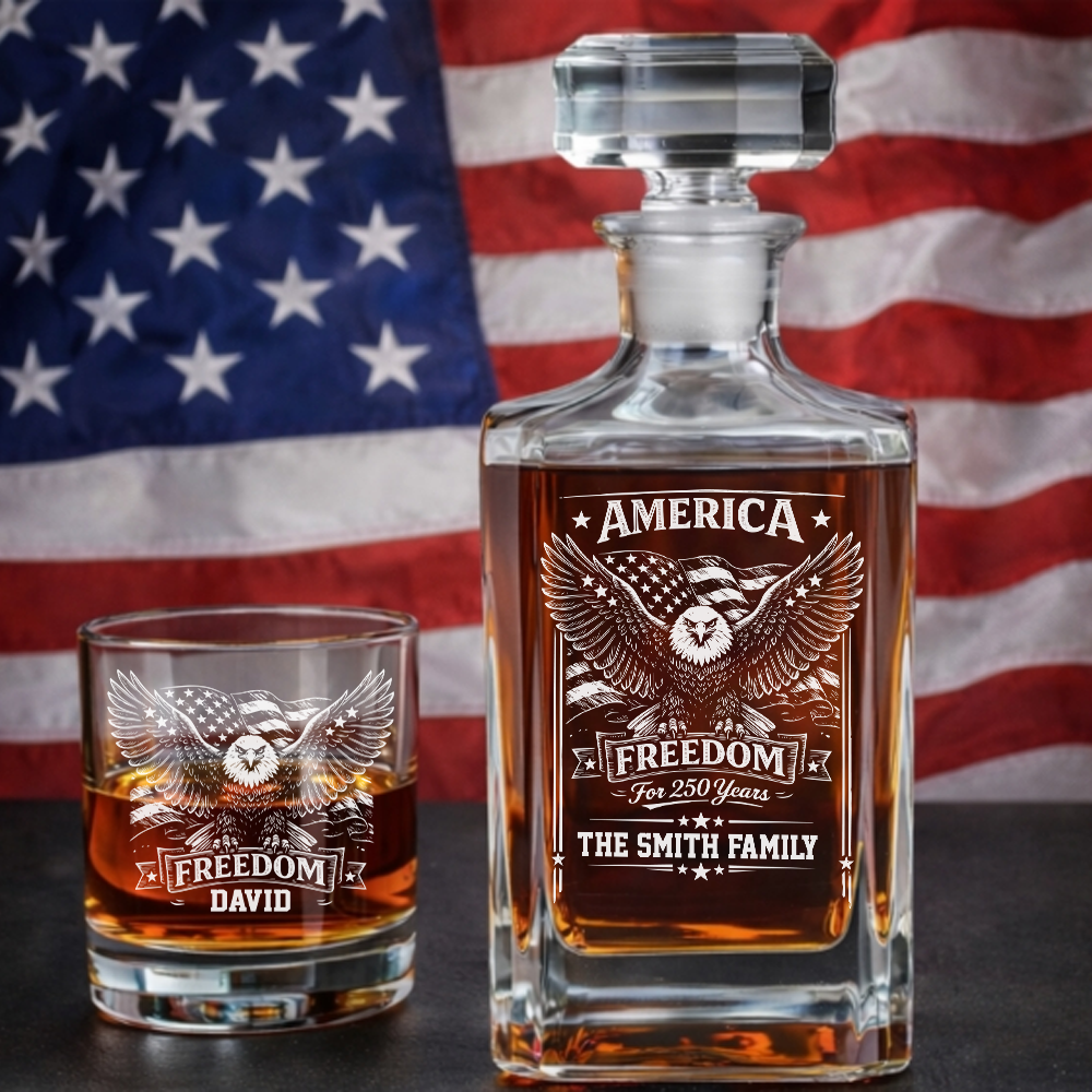 America Freedom 250 Years Engraved Whiskey Decanter Set, Personalized Patriotic Eagle Gift THUC99