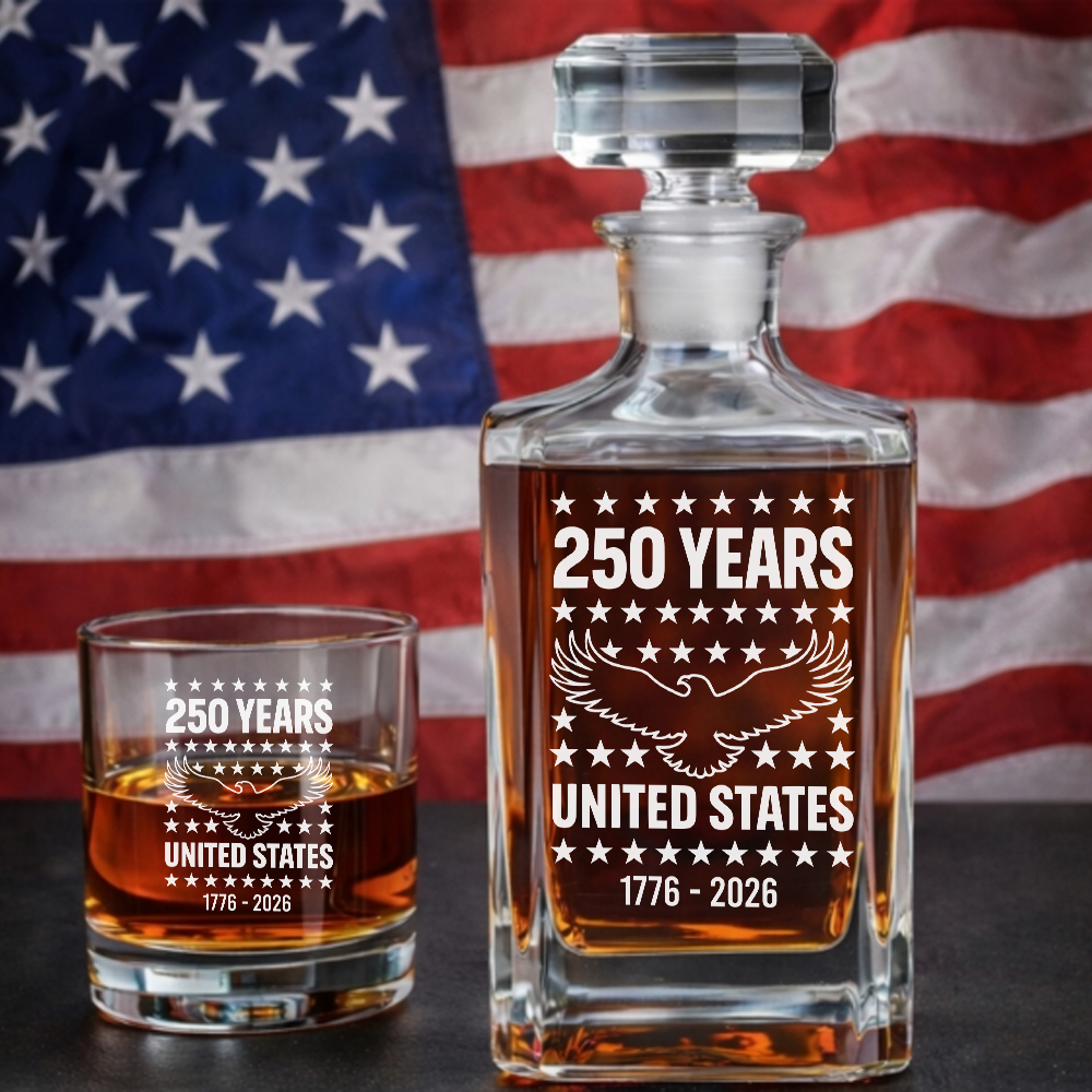 Eagle USA 250th Anniversary Engraved Whiskey Decanter Set, Personalized Patriotic Bourbon Gift THUC99