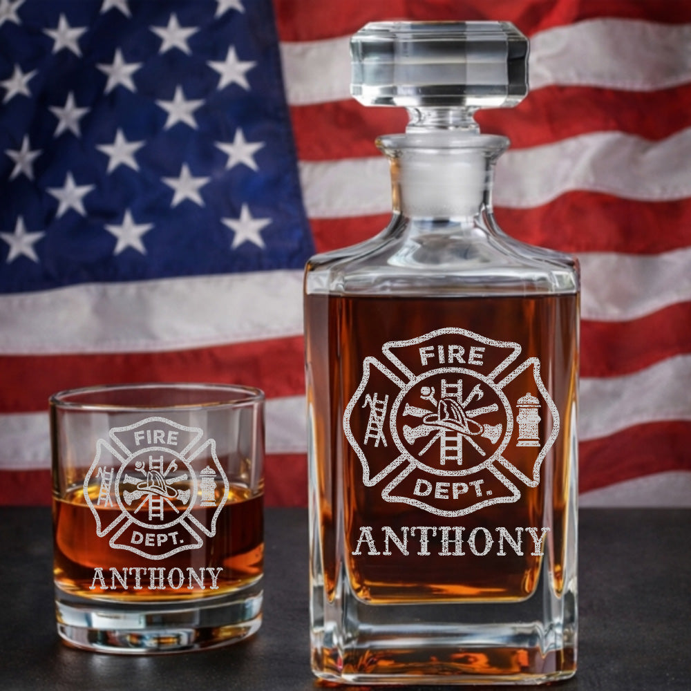 Personalized Firefighter Decanter Set – Custom Name Whiskey Bottle & Glasses Gift