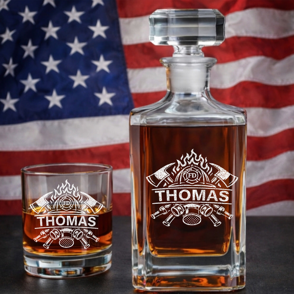 Engraved Firefighter Whiskey Set, Custom Name Decanter & Glass Gift for Heroes