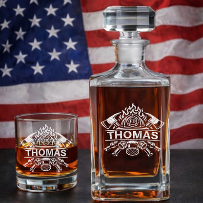 Engraved Firefighter Whiskey Set, Custom Name Decanter & Glass Gift for Heroes
