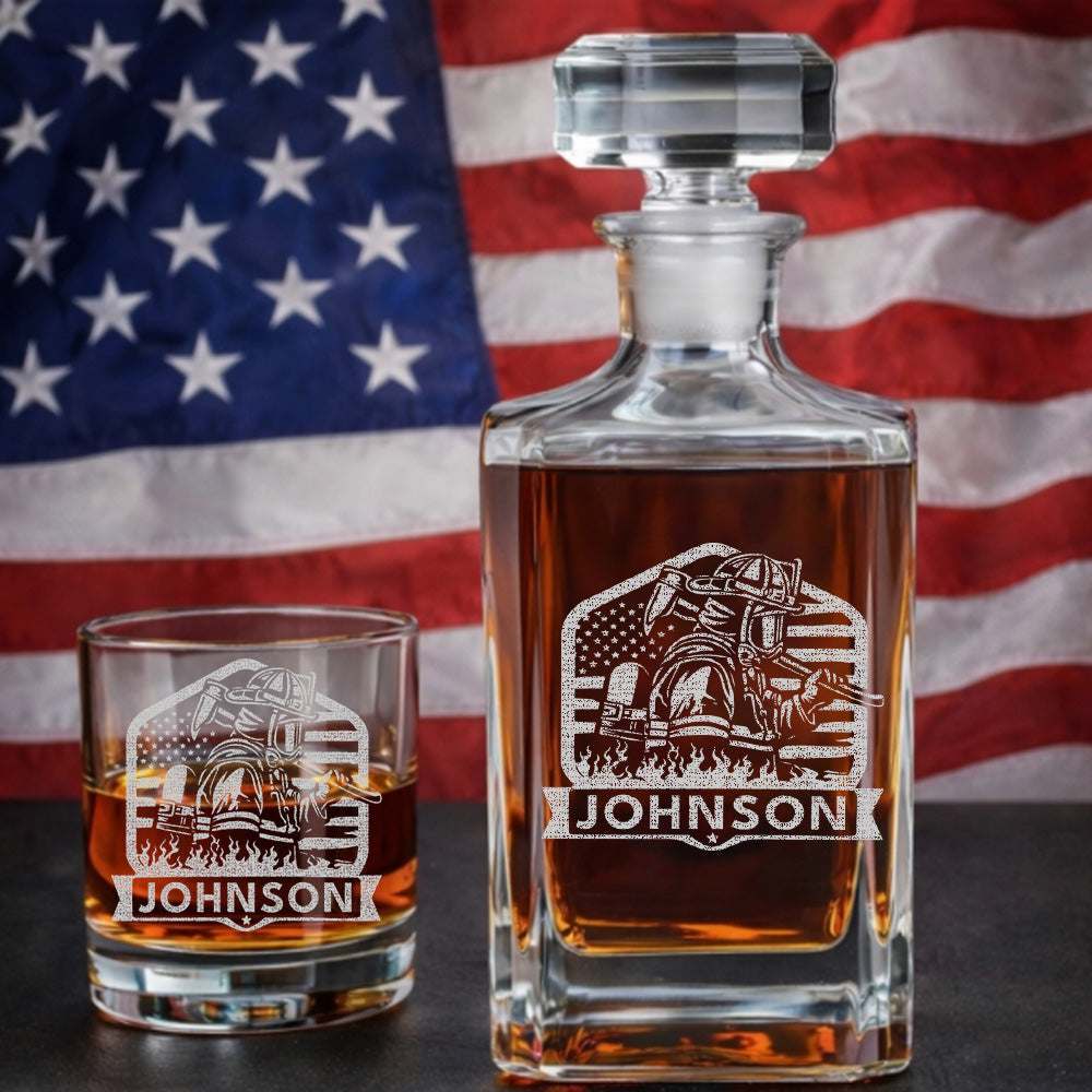 Personalized Firefighter Wife Decanter Set – Custom Name Whiskey Gift for Firefighter Family