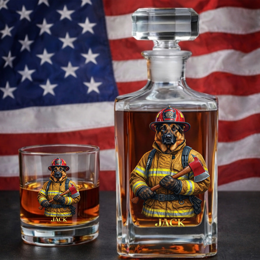 Personalized Firefighter Dog Decanter Set – Custom Printed Whiskey Gift