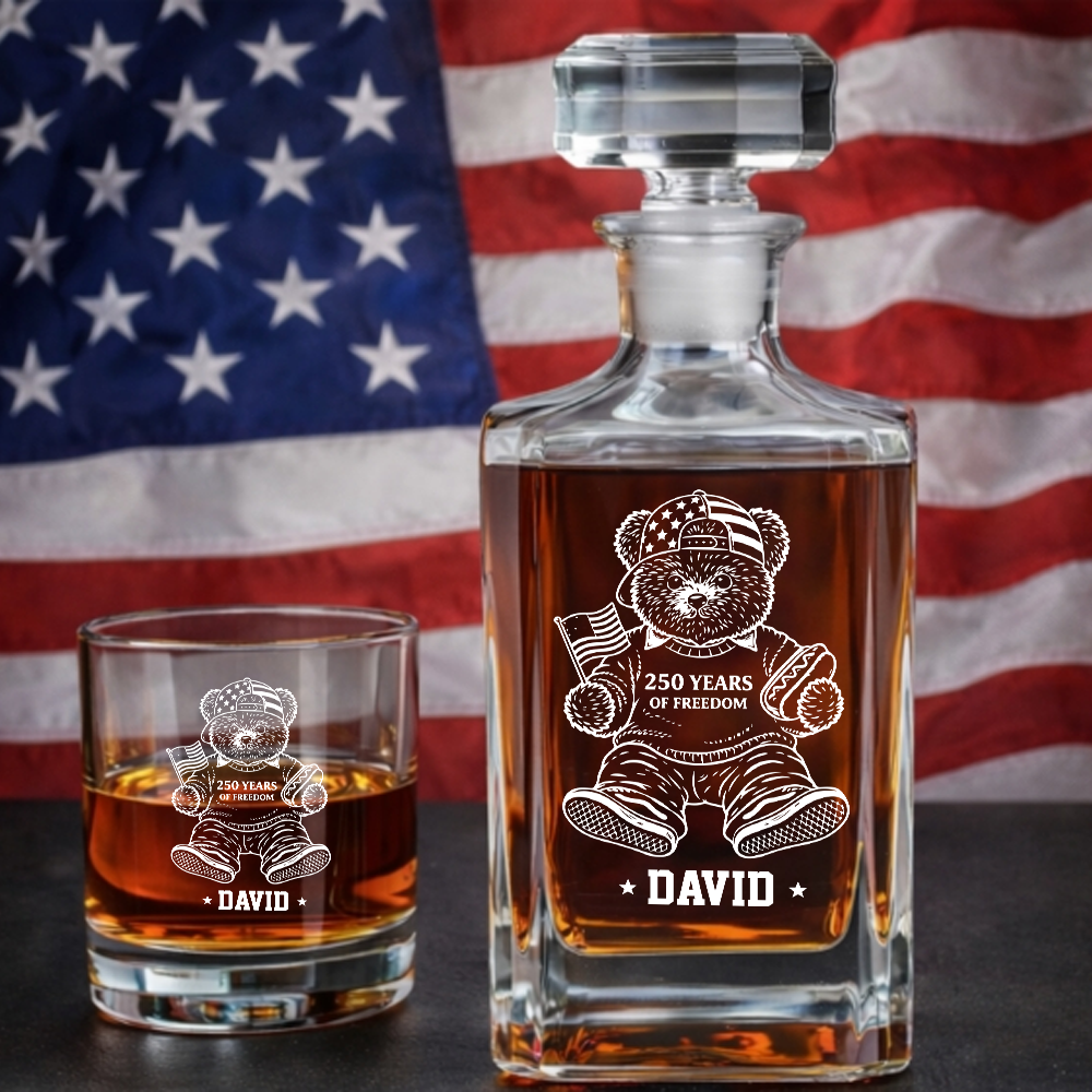 Personalized America 250 Years Engraved Whiskey Decanter Set, Patriotic Teddy Bear Gift 1776–2026 THUC99