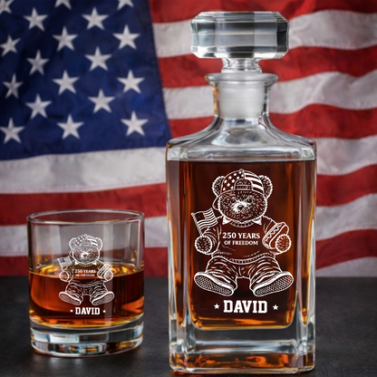 Personalized America 250 Years Engraved Whiskey Decanter Set, Patriotic Teddy Bear Gift 1776–2026 THUC99