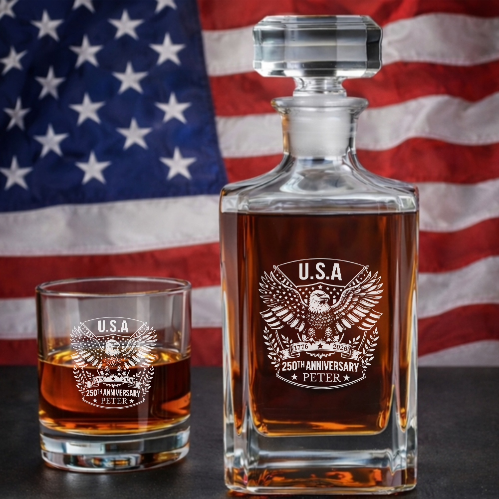 Custom Name Eagle USA 250th Anniversary Engraved Whiskey Decanter Set, Patriotic Bourbon Gift THUC99