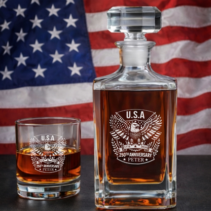 Custom Name Eagle USA 250th Anniversary Engraved Whiskey Decanter Set, Patriotic Bourbon Gift THUC99