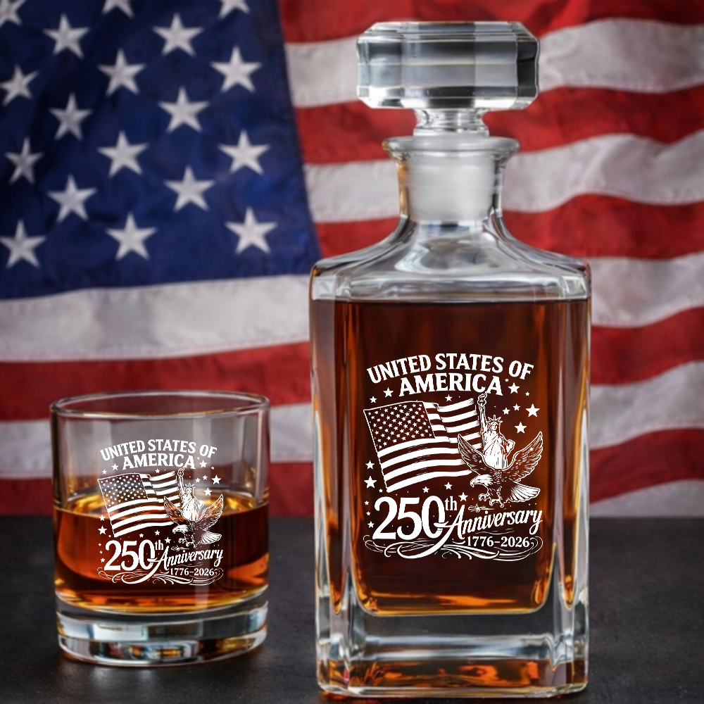 America 250th Anniversary Engraved Whiskey Decanter Set, Patriotic July 4 Gift THUC99