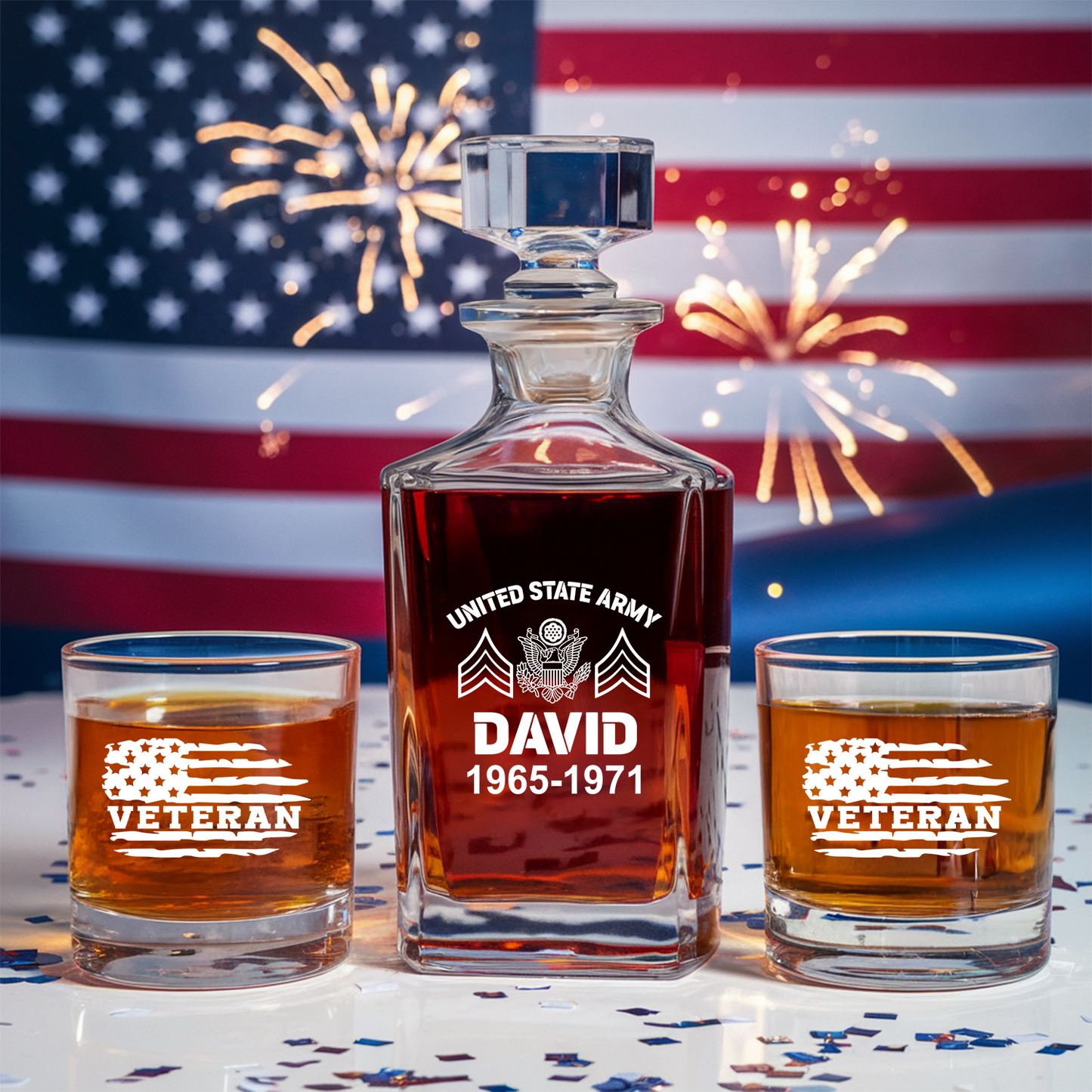 Custom U.S Veteran Whiskey Decanter Set, Personalized Engraved Whiskey Glass, Military Veteran Gift, Gift For Independence Day TND091
