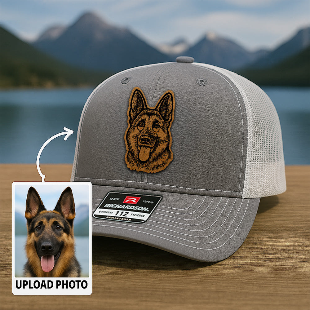 Custom Pet Photo Trucker Hat – Personalized Leather Patch Hat – Dog Portrait Gift – Custom Pet Face Hat Thuc993