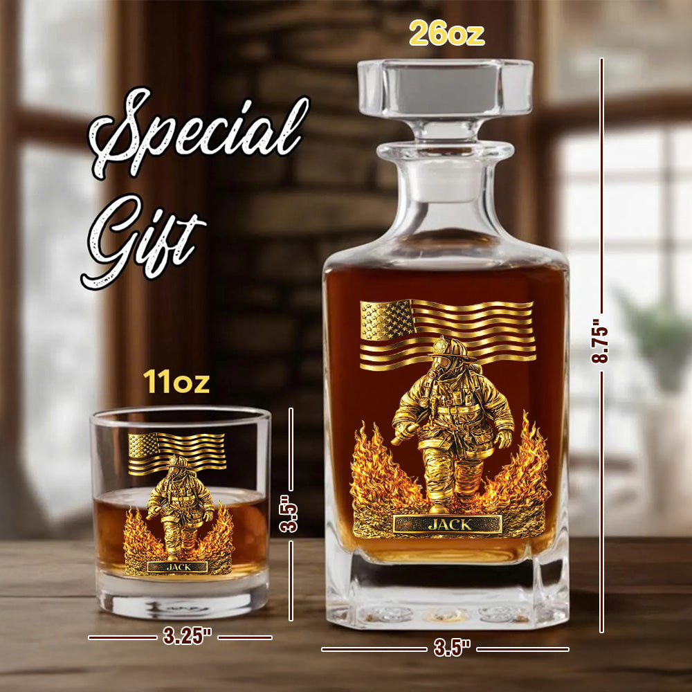 Personalized Firefighter Decanter Set – Gold Fireman & American Flag Custom Whiskey Gift