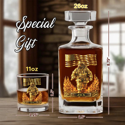 Personalized Firefighter Decanter Set – Gold Fireman & American Flag Custom Whiskey Gift
