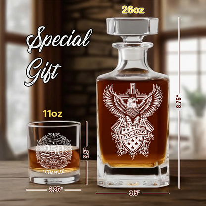 Personalized USA 250th Anniversary Engraved Whiskey Decanter Set, Patriotic Eagle Bourbon Gift 1776–2026 THUC99